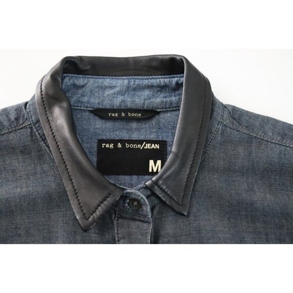 Rag & Bone Women's Medium Tinted Resin Classic Collar Chambray Shirt Leather Top - Picture 4 of 8